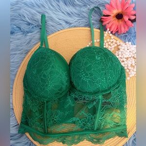 Victoria's Secret NWT Emerald Green Lace Bustier Padded Super Pushup Bra 32D